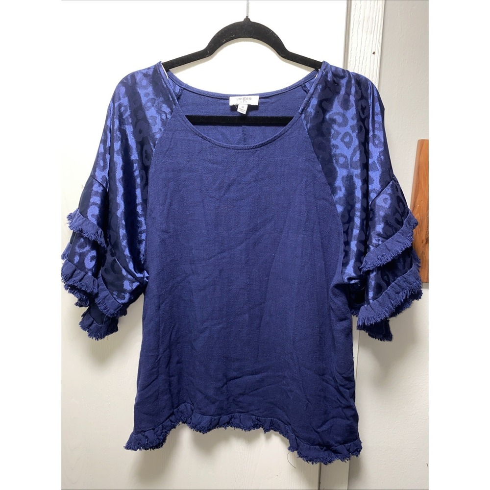 Umgee Navy Blue Animal Print Ruffle Sleeve Top Medium Boho Boutique Blouse